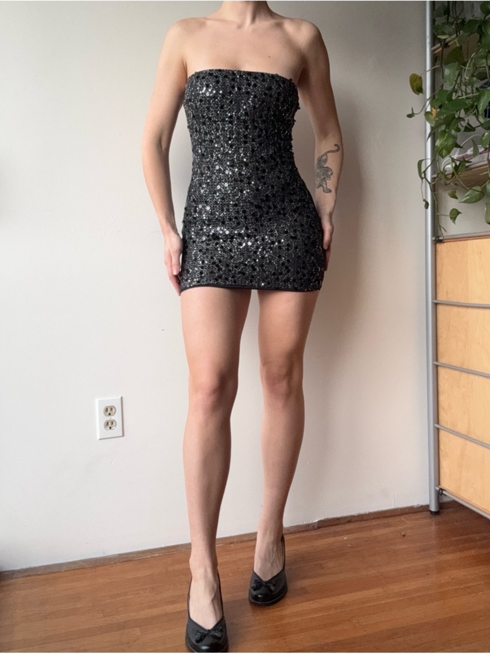 Sakura Y2K black sequin strapless mini dress / top - Made in the USA - size S